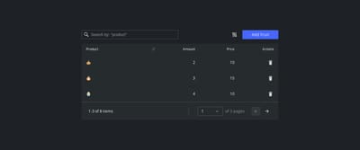 The design system's Table component on a dark surface, with search, sortable columns and pagination