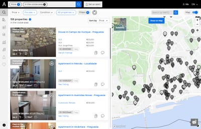 Old search interface showing the Filters button which, when clicked, replaced the entire property list with a full filters list rather than showing both at once.