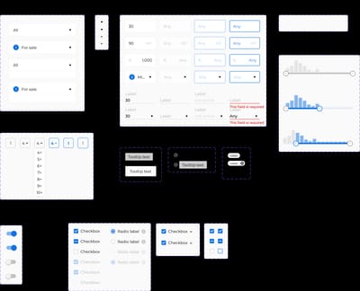 Detailed Figma component set breaking down every filter's individual states, value variations, and layout options for developers.