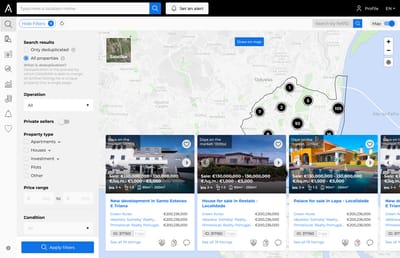 The redesigned property search interface, with filters beside a full-height map