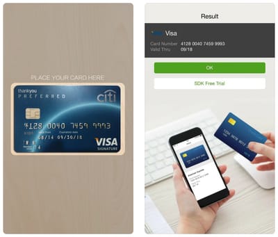 A phone camera scanning a physical credit card so the form fields fill in automatically